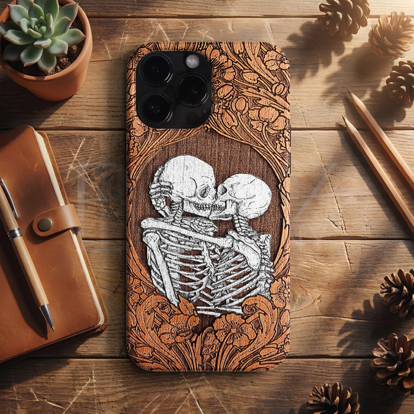 BERNZ "Skeleton Lovers" Tasarım Telefon Kılıfı – Wooden Look Serisi