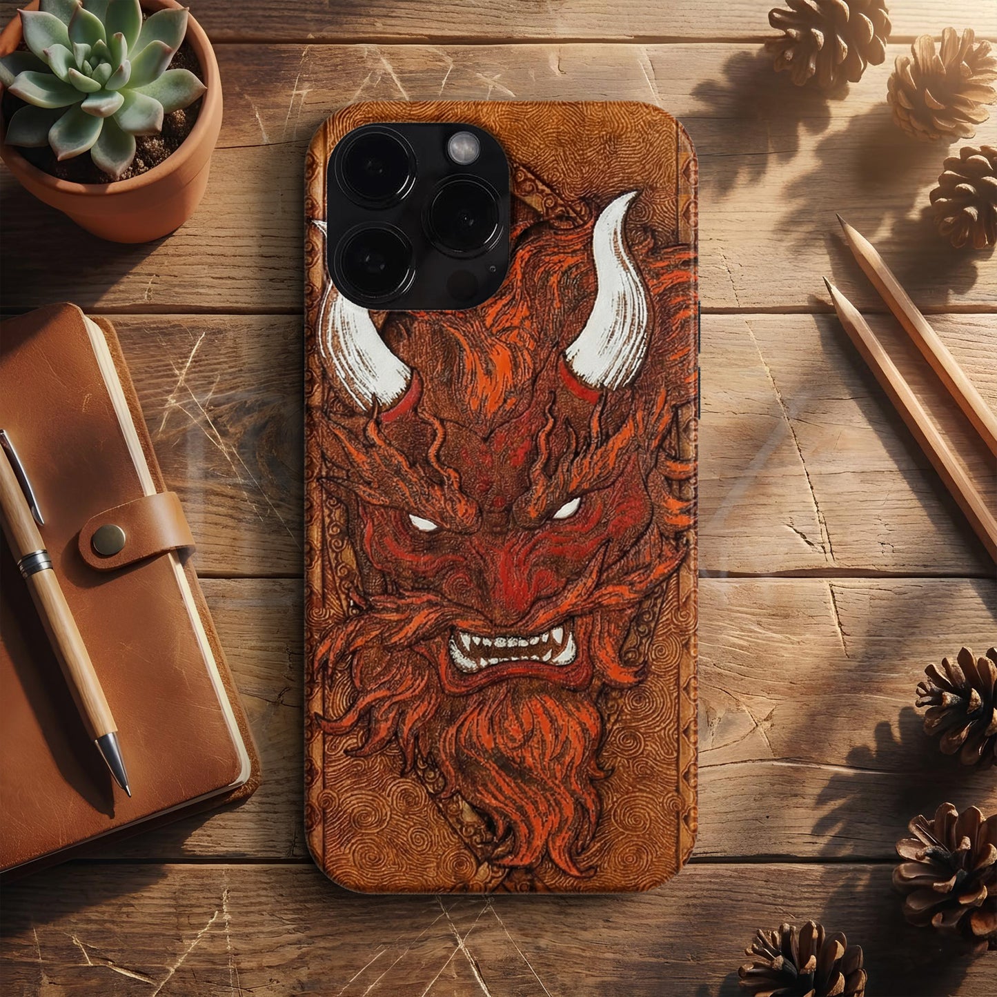 BERNZ "Furious Red Oni" Tasarım Telefon Kılıfı – Wooden Look Serisi