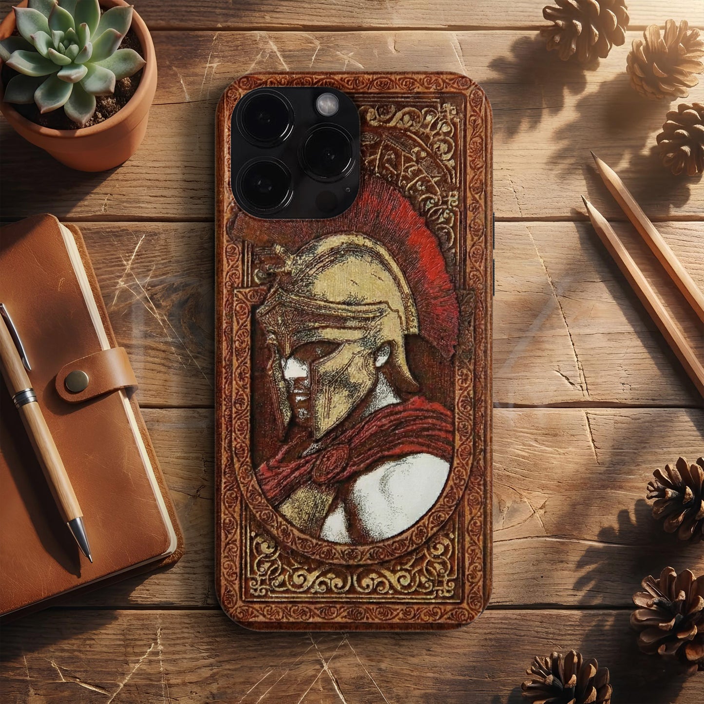 BERNZ "Crimson Spartan" Tasarım Telefon Kılıfı – Wooden Look Serisi