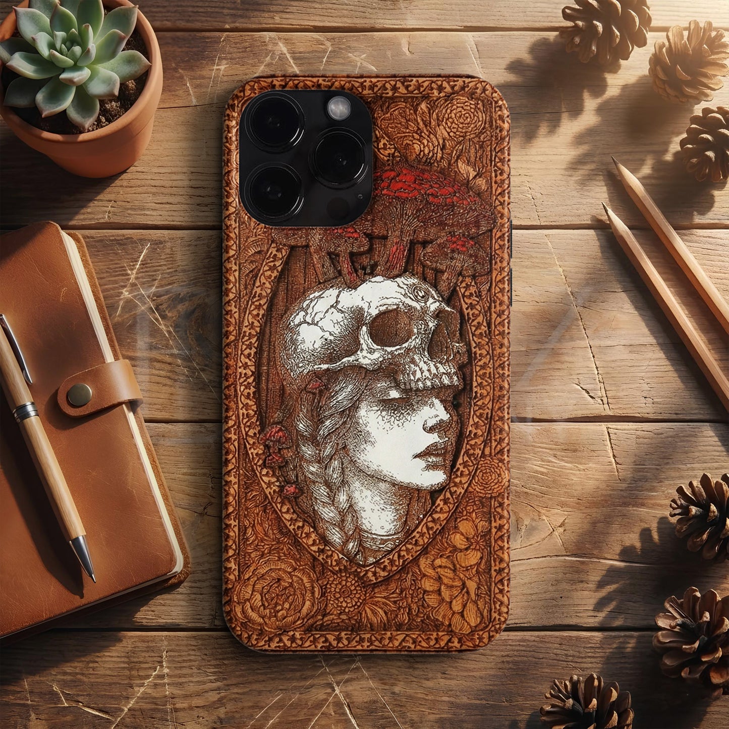 BERNZ "Mushroom Skull Druid" Tasarım Telefon Kılıfı – Wooden Look Serisi