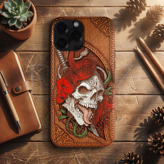 BERNZ "Red Masked Oni Skull" Tasarım Telefon Kılıfı – Wooden Look Serisi