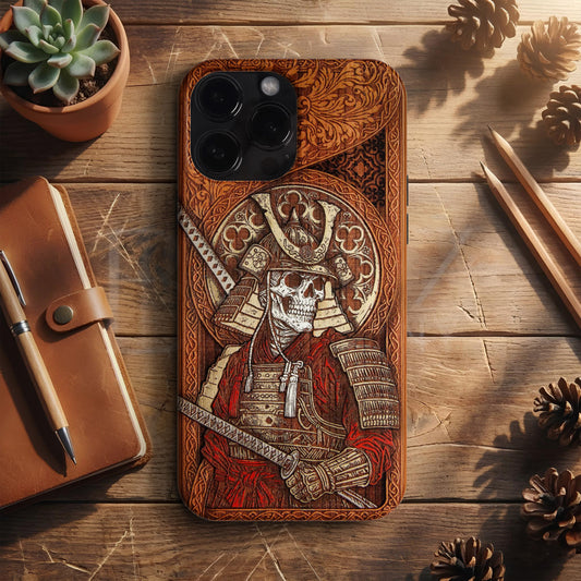 BERNZ "Samurai Skull Warrior" Tasarım Telefon Kılıfı – Wooden Look Serisi