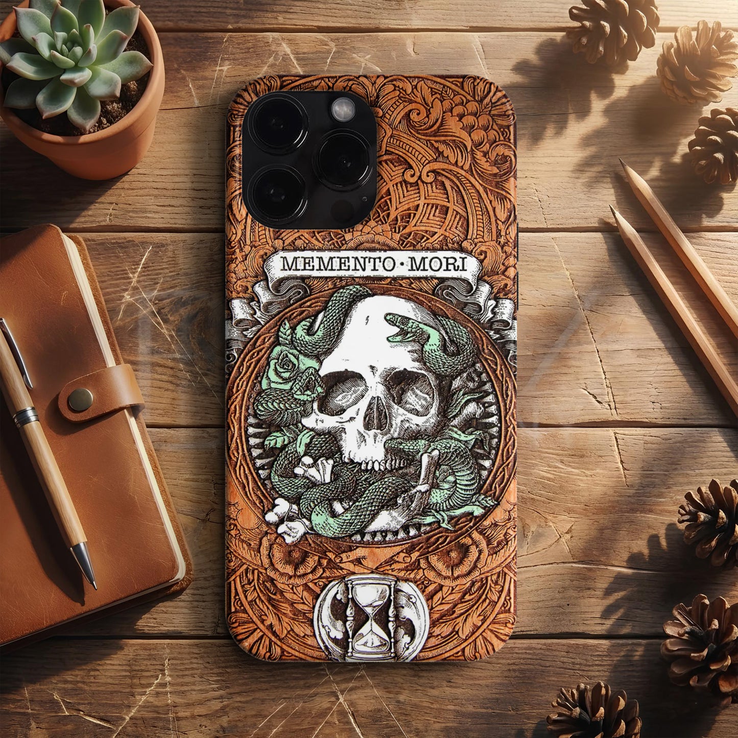 BERNZ "Memento Mori" Tasarım Telefon Kılıfı – Wooden Look Serisi